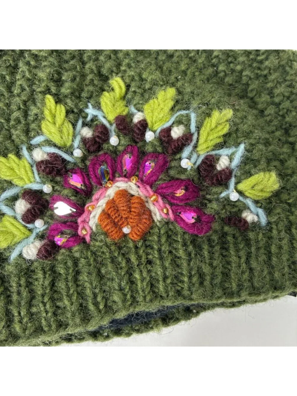 Ganesh Himal Wool Beanie Green Hand Knit Nepal Floral Embroidered Boho